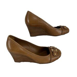 Tory Burch Natalya Pebbled Leather Light Brown Wedge Heels Womens Size 6.5